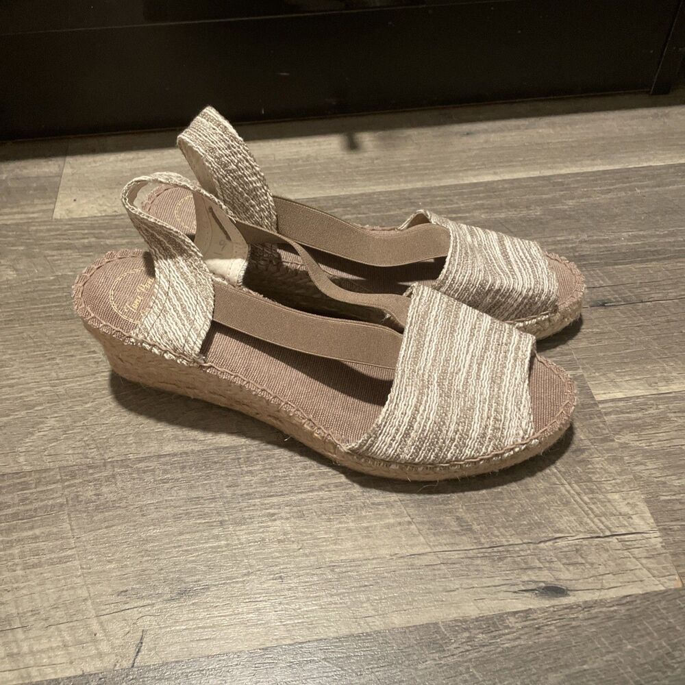 Toni Pons Tarbes Espadrille Wedge Sandals Neutral Beige Elastic Straps Size 39